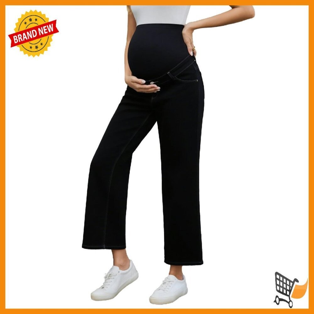 Maternity Wide Leg Jeans Over Belly Stretch Denim Pants with Pockets